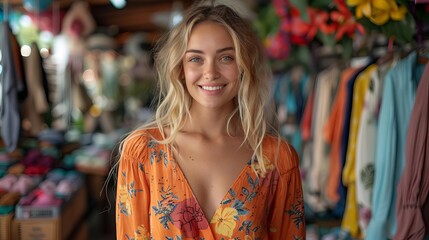 A beautiful young woman with long blonde hair and blue eyes is standing in a clothing store. She is wearing a floral dress and has a big smile on her face.