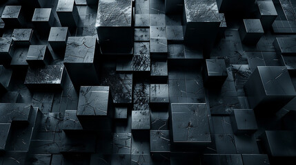 Abstract black 3d square blocks background. Black cubes abstract background. Random mosaic shapes. Geometric backdrop. Futuristic interior concept. Square tiles. Business or corporate design element.