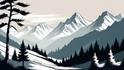 Digital Painting A Drawing Of Mountains And Trees(5)