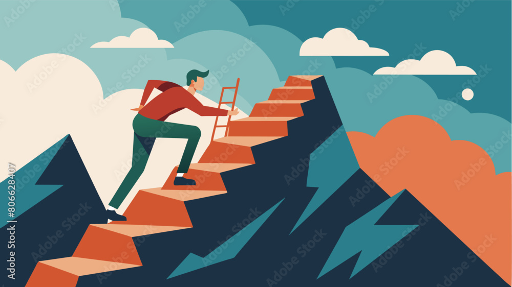 Poster an adventurer struggles to make their way up the steep rocky terrain each step representing the chal