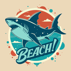 A shark fish is in the blue water of a sea beach with a palm tree.