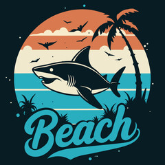 A shark fish is in the blue water of a sea beach with a palm tree vector design.