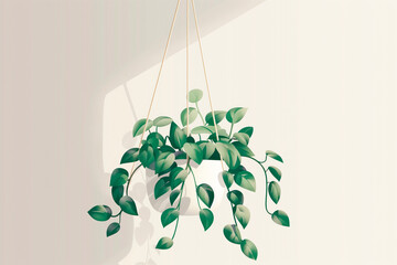 A potted plant suspended from a sturdy rope, with lush leaves cascading downwards.