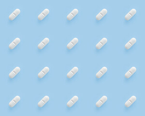 White pills capsules on blue background. Seamless repetitive pills