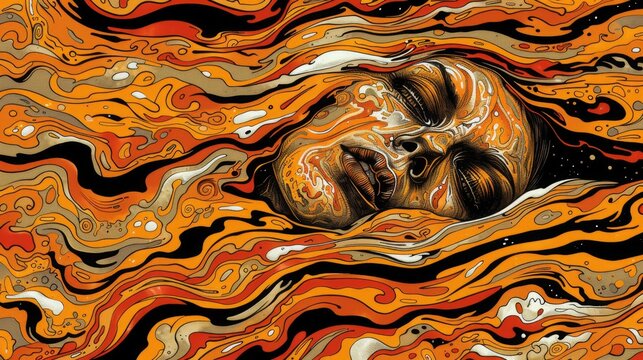 A painting of a woman's face in a pool of orange paint. The painting is abstract and has a mood of sadness and despair