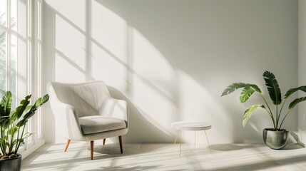 A white chair is sitting in front of a window with a potted plant next to it