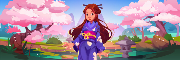 Young woman in traditional japanese kimono standing in park with pink flowering sakura trees, water pond and mountains on background. Cartoon vector spring landscape with cherry blossom and lake.