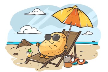 Cartoon cute doodles of a potato wearing sunglasses and sunbathing on a beach chair, sipping a tiny umbrella drink, Generative AI