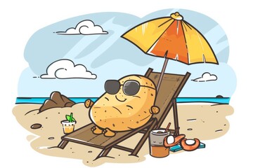 Naklejka premium Cartoon cute doodles of a potato wearing sunglasses and sunbathing on a beach chair, sipping a tiny umbrella drink, Generative AI