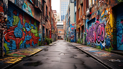 A vector graphic of graffiti-covered walls in an urban alley.