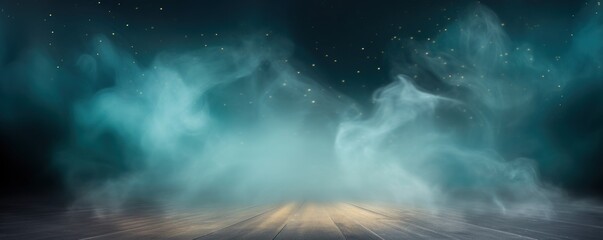 Cyan smoke empty scene background with spotlights mist fog with gold glitter sparkle stage studio interior texture for display products blank 