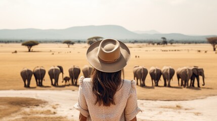 woman watching elephants in the savanna