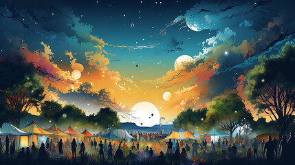 A vector graphic of people enjoying an outdoor festival.