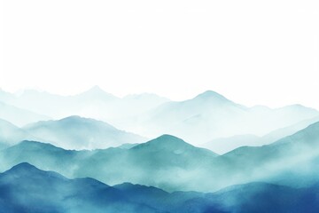 Cyan tones watercolor mountain range on white background with copy space display products blank copyspace for design text photo website web banner 