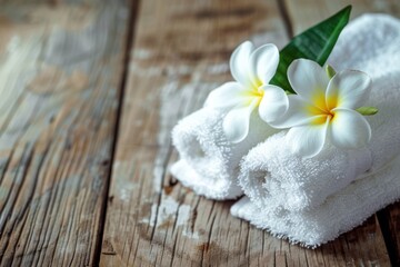 Spa concept with fresh frangipani flowers on white towels