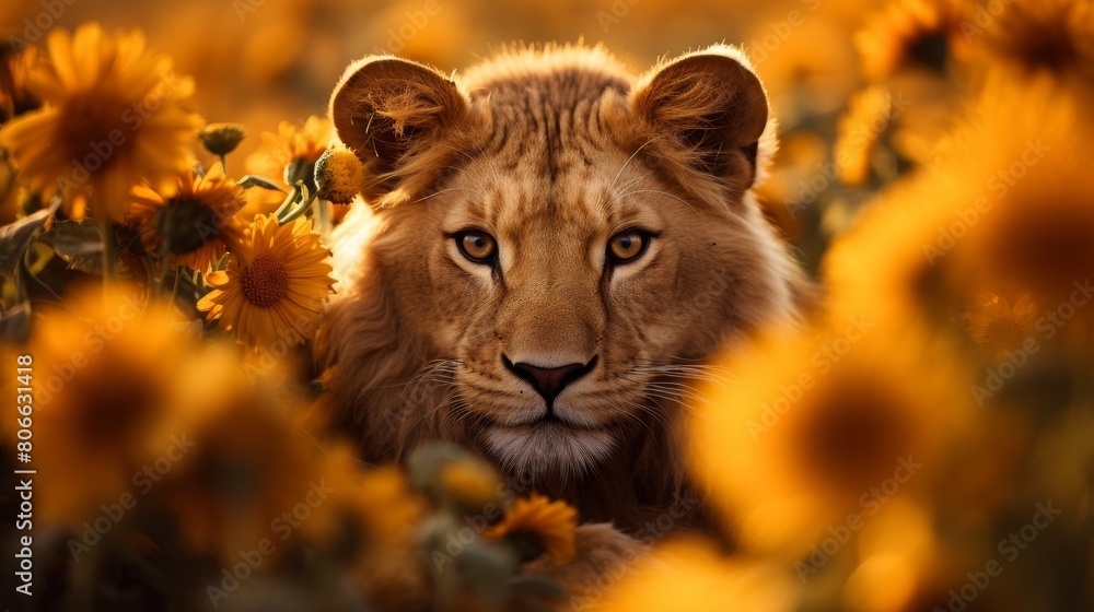 Wall mural Majestic lion surrounded by vibrant sunflowers