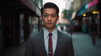 Fototapeta premium Serious young asian businessman in suit standing in city alley