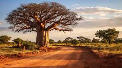 Naklejka premium Majestic baobab tree along a dirt road in the african savanna
