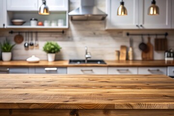 Wooden top with blurred empty kitchen room background can be used for mocking up or display product to make advertising.