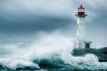 Generative ai on theme of large retro lighthouse with beam of bright light shining out to blue sea