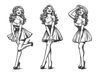 Fototapeta premium pin-up women, each displaying unique poses and fashionable dresses sketch engraving generative ai fictional character raster illustration. Scratch board imitation. Black and white image.