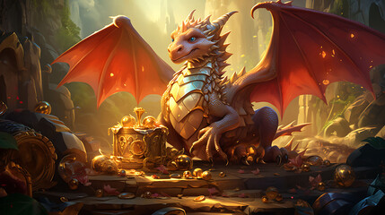 A vector illustration of a dragon guarding a treasure in a fantasy landscape.