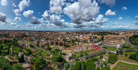 Aerial view of Parco Archeologico del Colosseo in Rome, Italy, with ancient landmarks