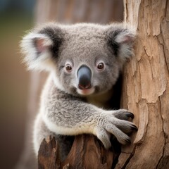 Curious koala peeking out from tree trunk