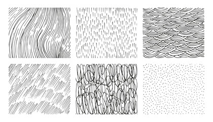 Trendy hand drawn ink patterns, scribbles, pen sketch, grunge shapes. Scratch patterns for texturing, shadows, brushes. Abstract  vector backgrounds