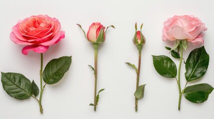 Blooming stages of rose flower on white background,colourful roses on white background, Minimal spring floral pattern, Flat lay, top view,roses are in a row with some green leaves Flat lay, top view
