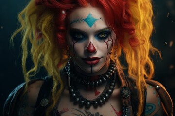 Fototapeta premium Dramatic portrait of a tattooed female clown with vibrant red and yellow hair