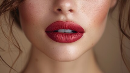 Fototapeta premium Close-up of lips with glossy red lipstick 