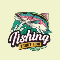 Vector Illustration of Rainbow Trout Fish and Waves with Vintage Illustration Available for Fishing Badge