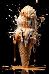 Dripping ice cream cone on black background