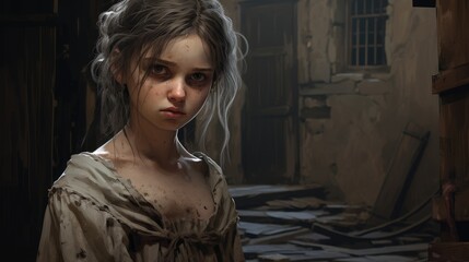 Fototapeta premium Mysterious young woman with disheveled hair in an old, dilapidated building