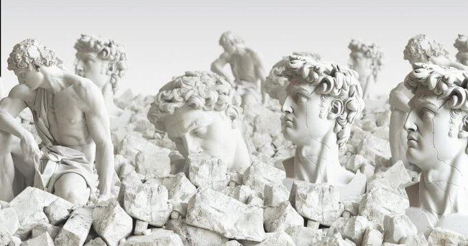 Loop animation paralax 4k video. Destroyed antique statues background.
