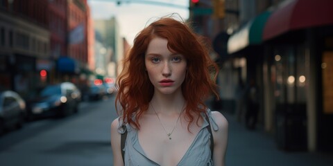 Redheaded woman with windblown hair in city street