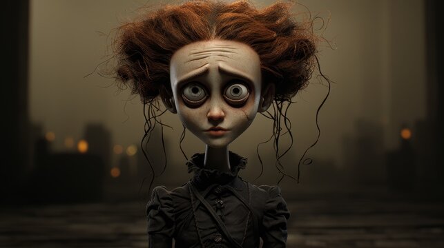 Creepy doll with large eyes and wild hair