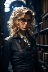 Curly-haired woman in glasses and leather jacket