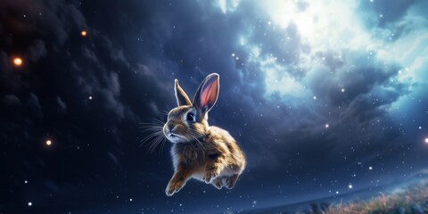 Magical night rabbit in the starry sky