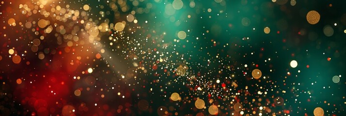 Abstract background. Abstract blur bokeh banner background. Gold bokeh on defocused emerald green and red background