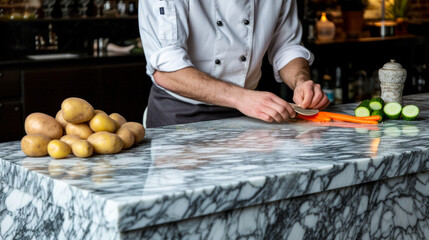 A marble counter where a cook is peeling vegetables, carrots, potatoes, cucumbers