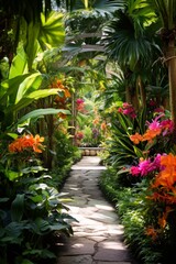 Fototapeta premium lush tropical garden path with vibrant flowers