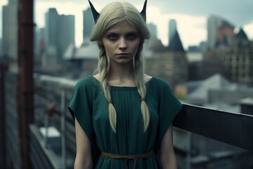 woman with horns in urban setting