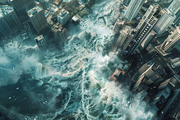 Generative ai on theme of a scary tsunami with huge foamy wave, apocalyptic dramatic background