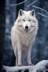 Majestic white wolf standing in snowy forest