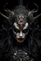 Ornate Demonic Mask with Horns and Dark Makeup