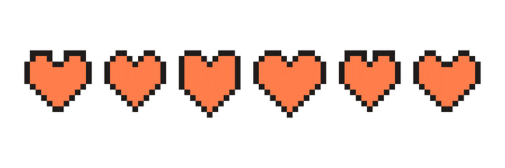 Pixel heart set in retro style. Vintage love symbol, different shapes hearts, 8 bit pixel art for computer game.