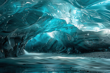 Generative ai on theme of entrance to blue ice cave covered with white snow inside a huge glacier