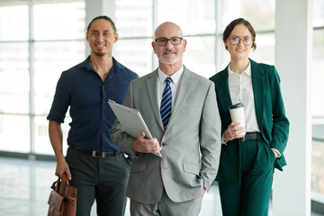 Portrait of smiling successful business team standing in office